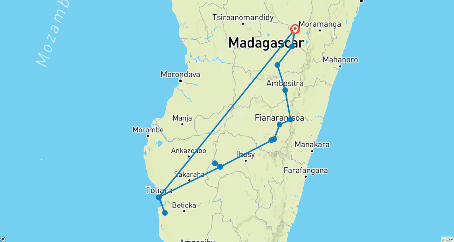 South Madagascar Discovery 9 Days /8 Nightsのルートマップ
