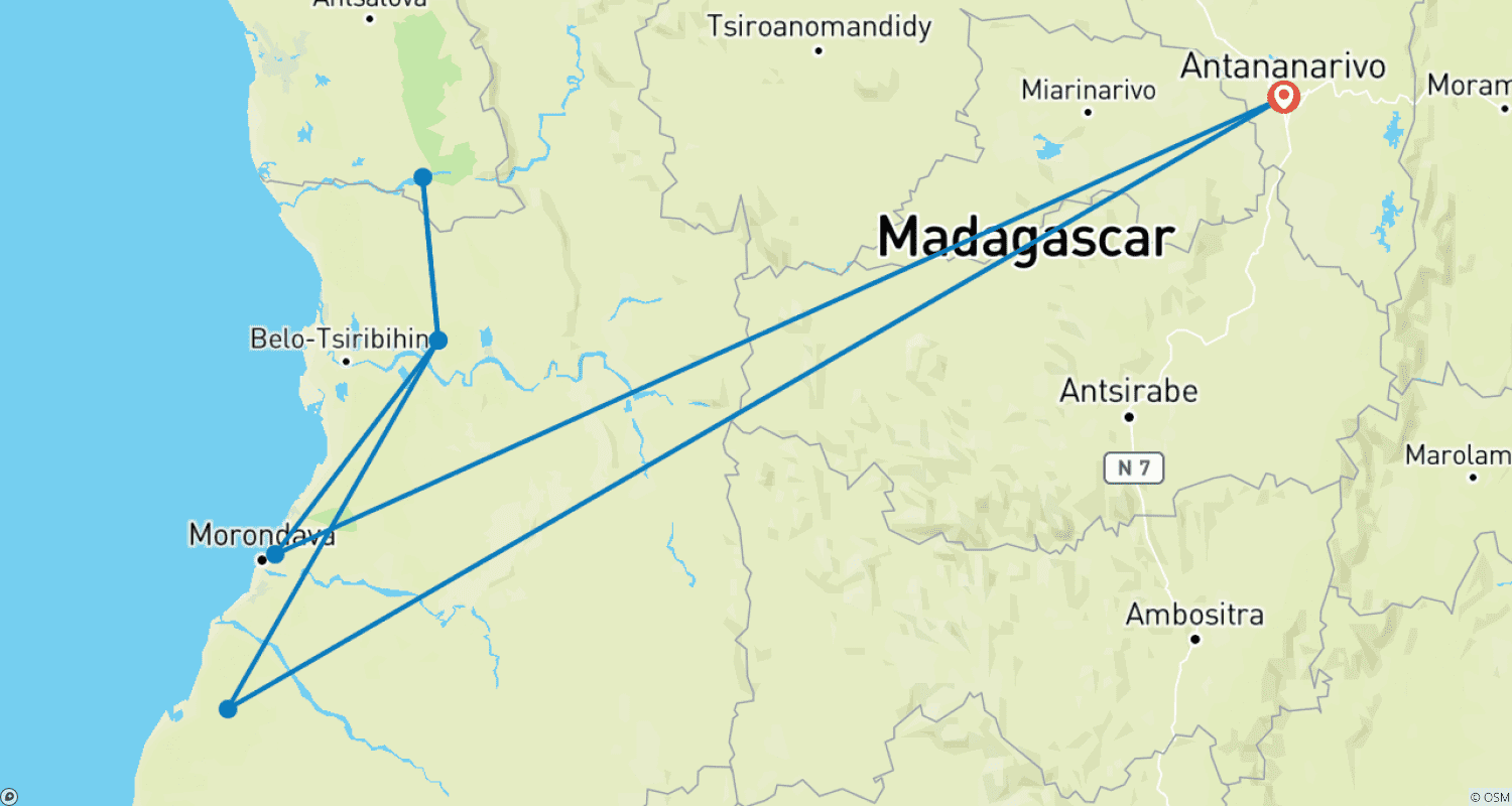 Mapa trasy: Zachodnia Madagaskar Przygoda 6 Dni/5 Nocy (Komfort)