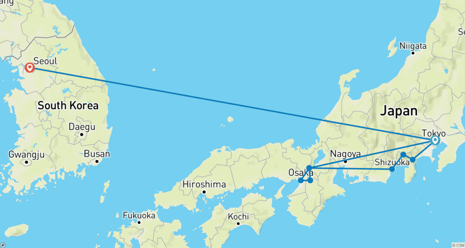 Mapa do percurso de Destaques de 10 Dias no Japão e Coreia do Sul