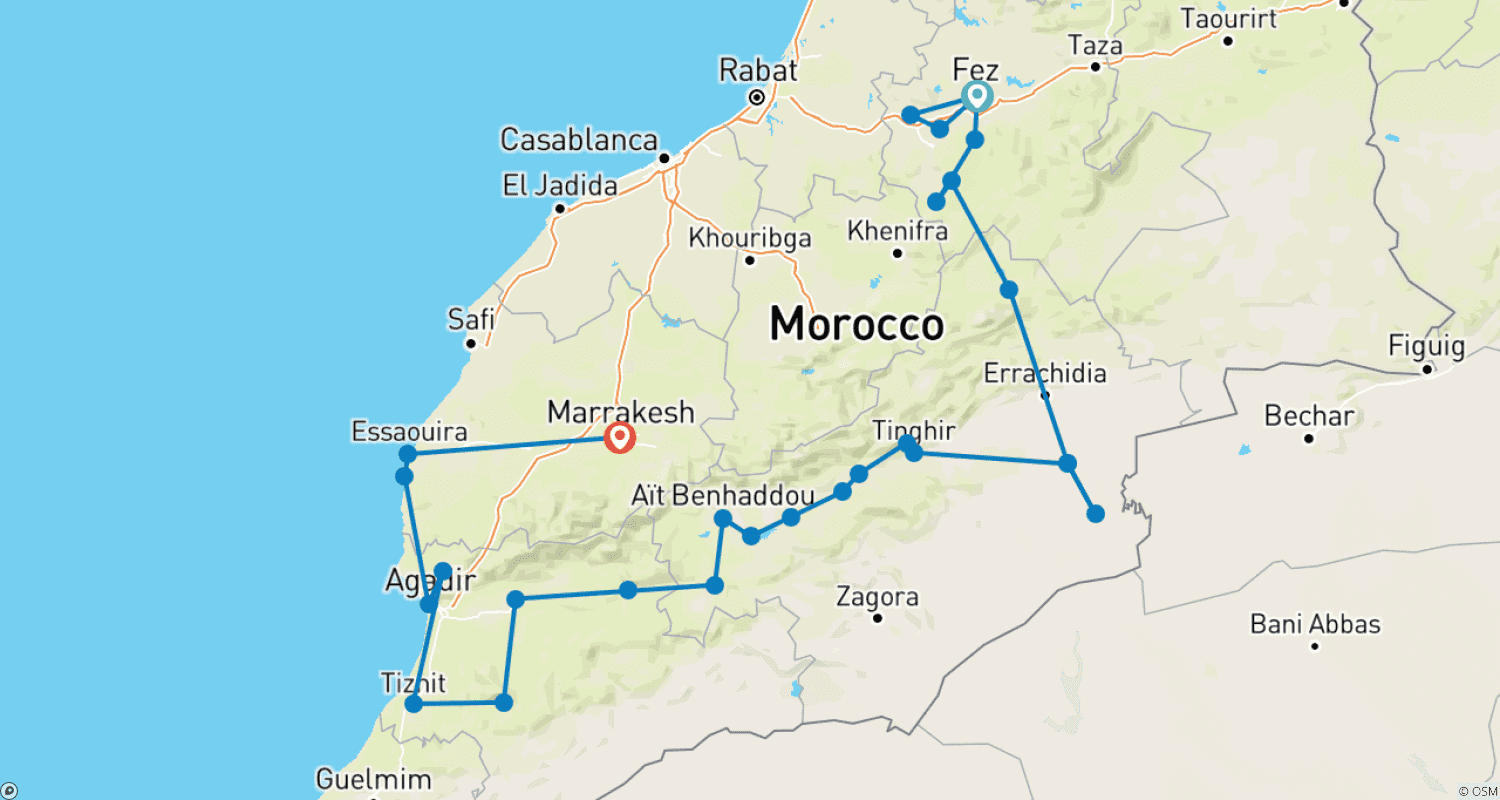 Mapa do percurso de Safári de Aventura em Marrocos: 14 Dias e 13 Noites (Conforto Plus)