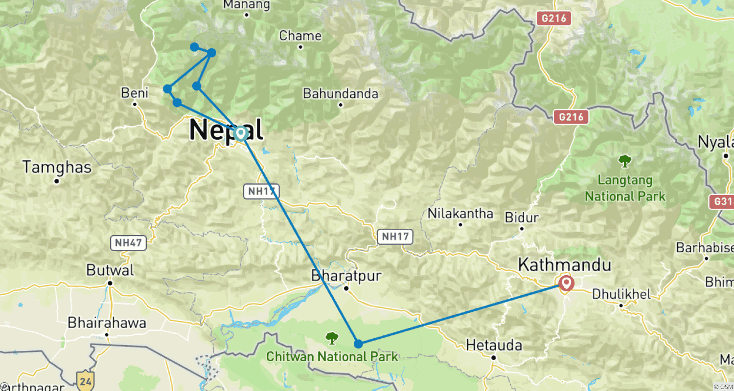 Mapa do percurso de Caminhada ao Acampamento Base Annapurna com Parque Nacional Chitwan - 14 Dias