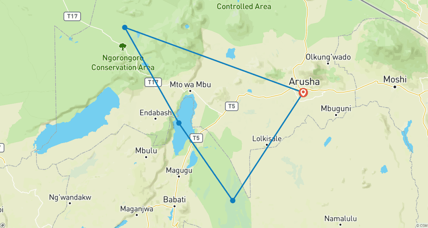 Mapa do percurso de 3 Dias Explorando os Cinco Grandes na Tanzânia