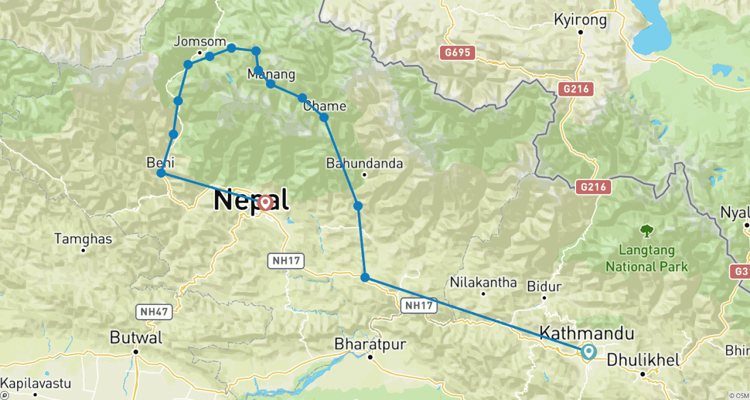 Mapa trasy: Krótki Trek Annapurna Circuit 9 Dni