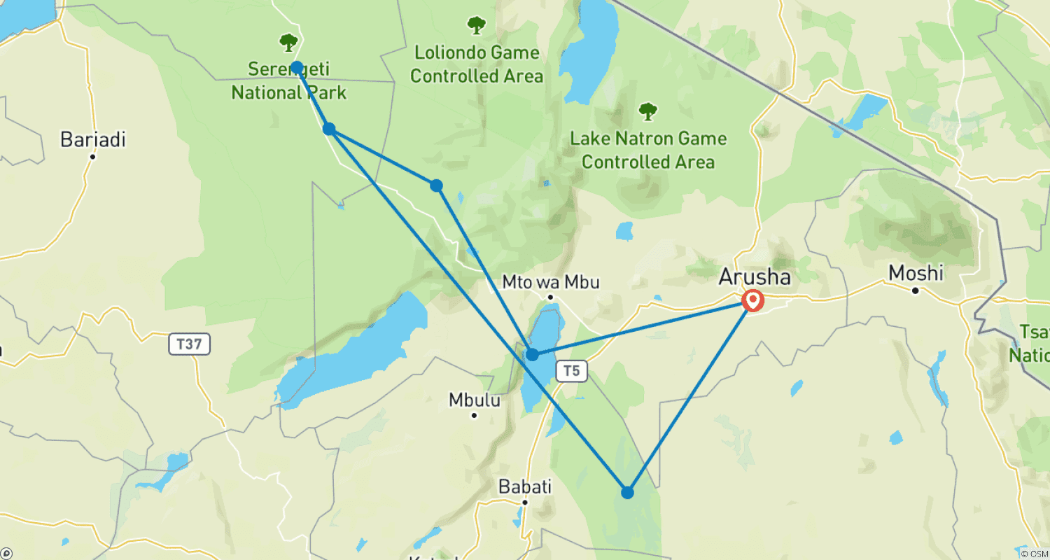 Mapa do percurso de Safari de 5 Dias em Serengeti, Ngorongoro, Lago Manyara, Parque Nacional de Tarangire