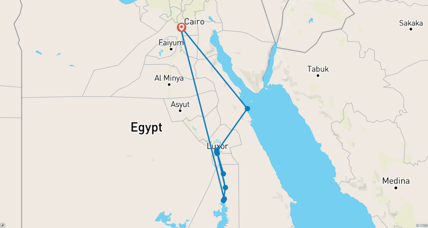 12 Days Cairo, Nile Cruise & Hurghada Vacation (including Komombo)(GEM Museum Visit)のルートマップ