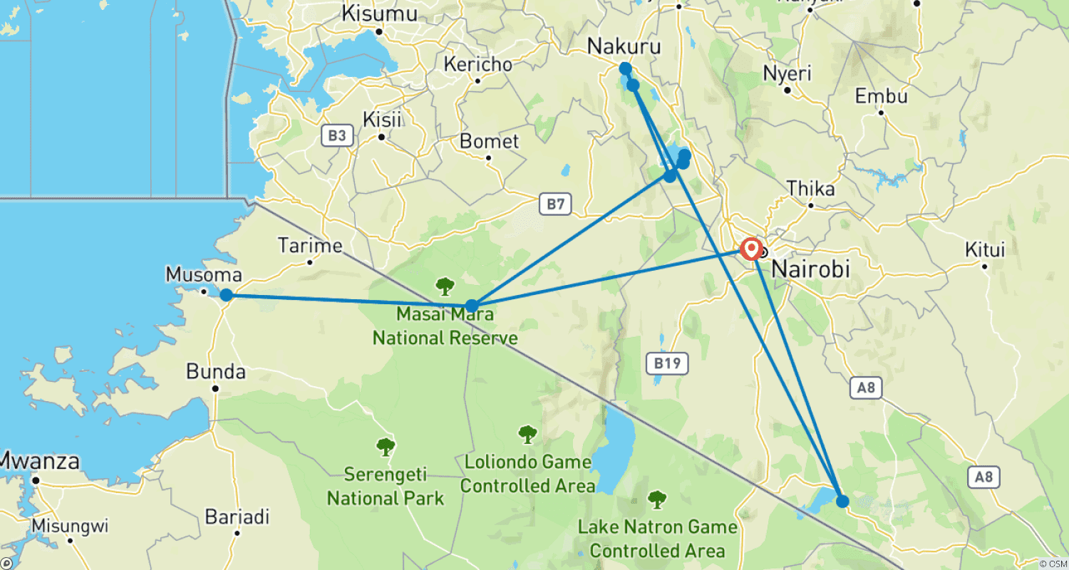 Mapa do percurso de O Melhor da Aventura no Quênia (Conforto) 7 Dias / 6 Noites