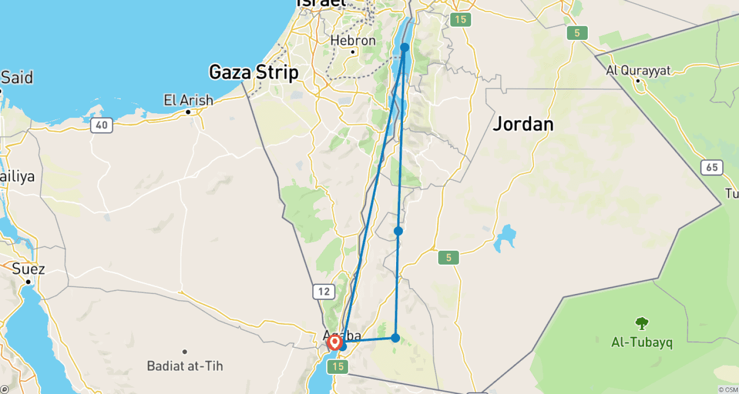 Mapa do percurso de Destaques da Jordânia do Sul: Excursão de 4 dias e 3 noites (Wadi Rum, Petra, Mar Morto e Aqaba) a partir da Fronteira de Eilat (ELT-JHT-011)