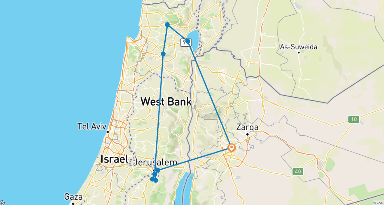 خريطة مسار رحلة 3 أيام - ليلتان إلى القدس وبيت لحم والناصرة والجليل من الأردن (JR-JHT-005)