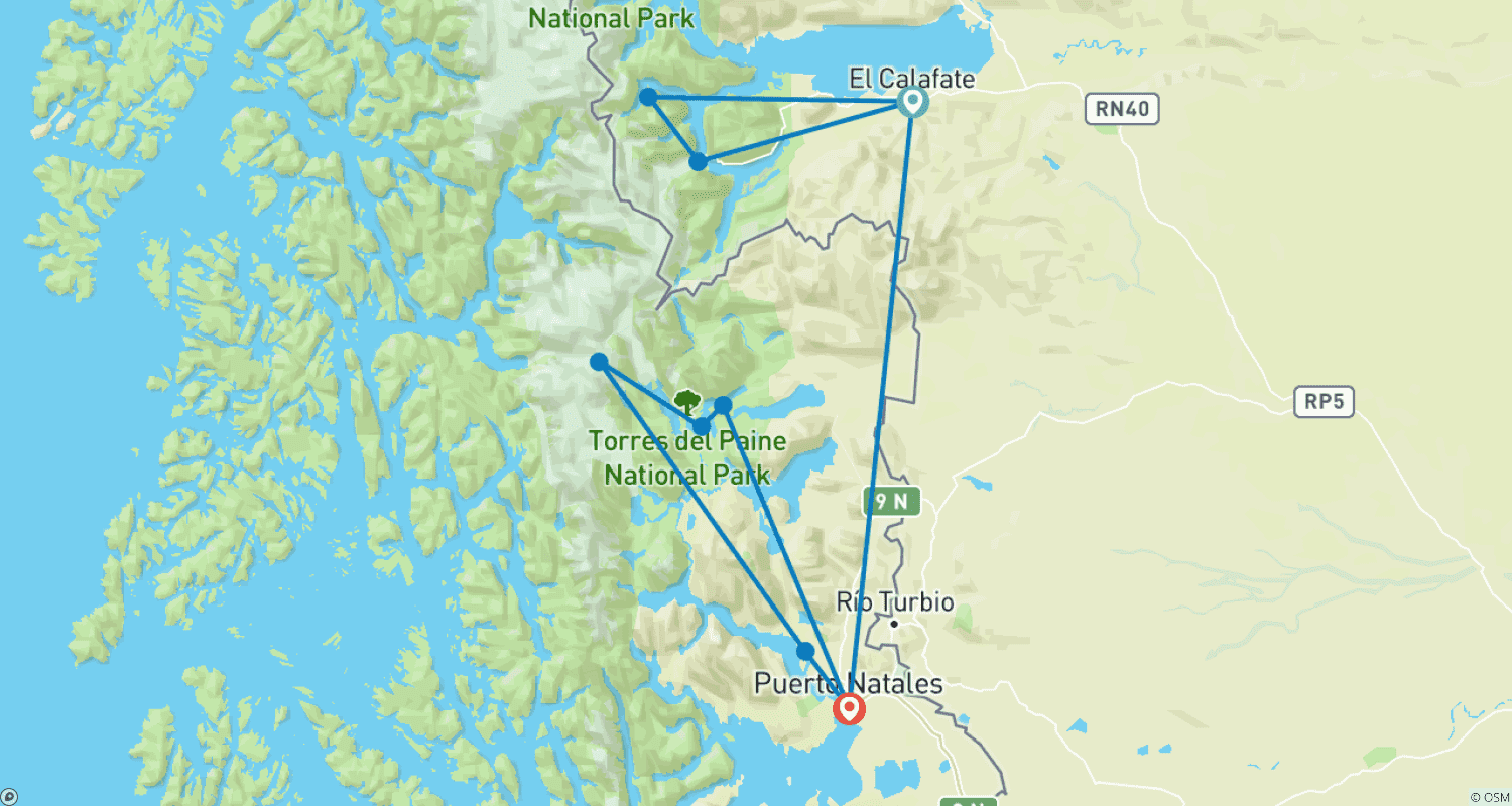 خريطة مسار الأرجنتين وتشيلي: Calafate و Puerto Natales - 5 أيام