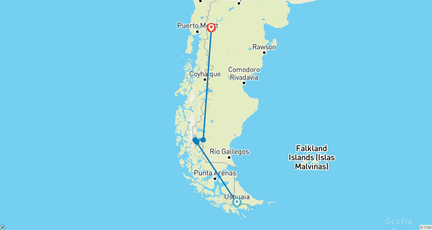 Mapa trasy: Argentyna: Ushuaia, Calafate i Bariloche - 7 dni