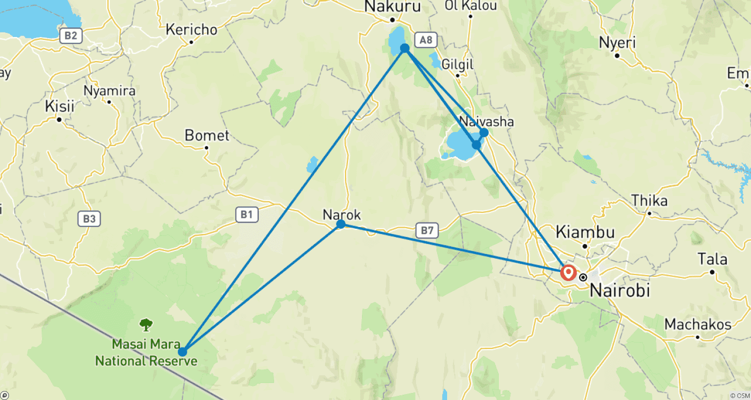 Mapa trasy: Przygoda w Maasai Mara i nad Jeziorem Nakuru 4 dni/ 3 noce (Komfort)