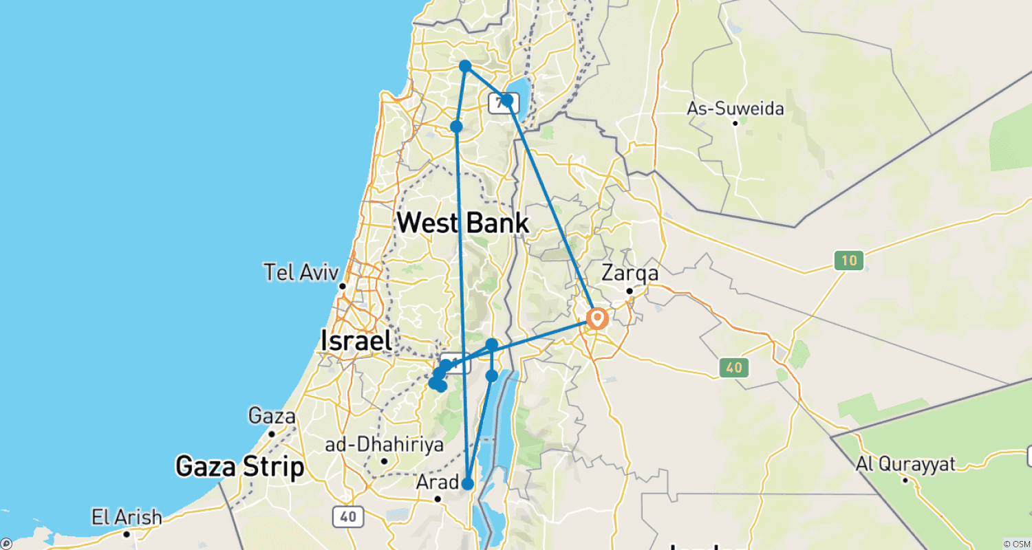 Mapa do percurso de Tour de 4 Dias e 3 Noites para Jerusalém, Jericó, Qumran, Massada, Nazaré e Galileia saindo de Amã e Jordânia (JR-JHT-007)