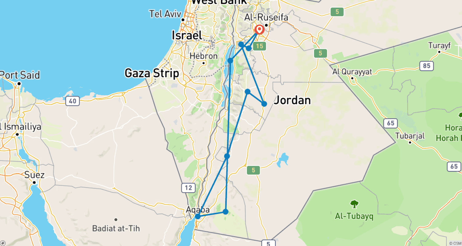 Mapa trasy: 8 dni / 7 nocy Słońce i zabawa od Morza Czerwonego do Morza Martwego – rodzinna wycieczka po Jordanii (JF-JHT-001)