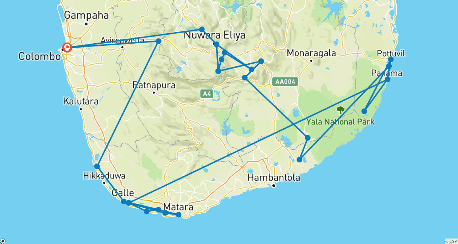 Mapa do percurso de Exclusivo Sri Lanka - 16 Dias