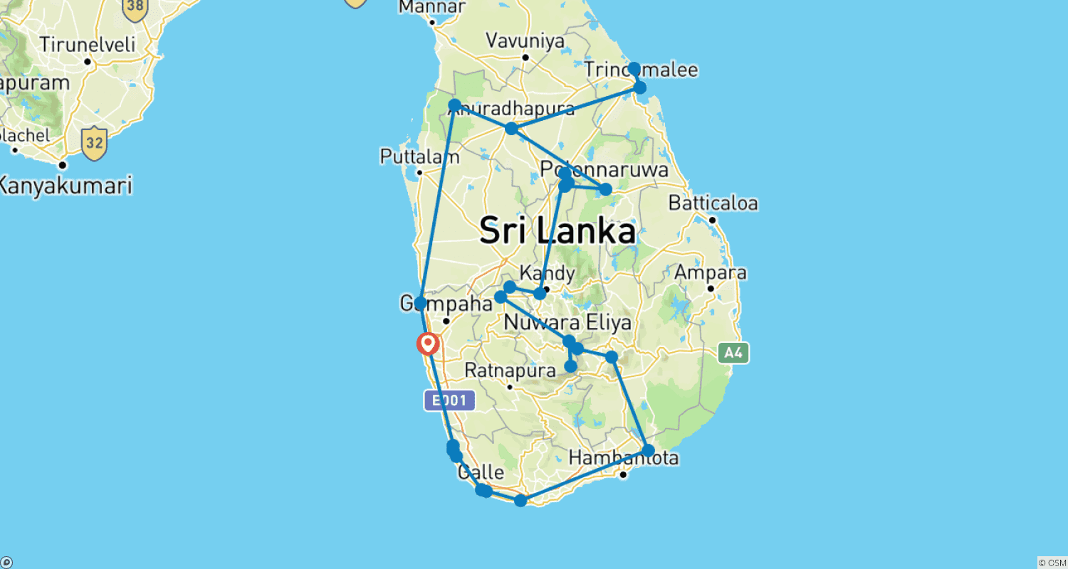 Nature's Secret Sri Lanka - 21 Daysのルートマップ
