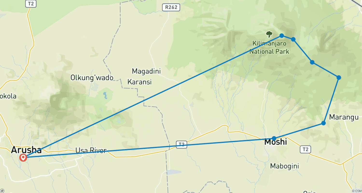 Mapa do percurso de Subida ao Monte Kilimanjaro pela Rota Marangu em 7 dias