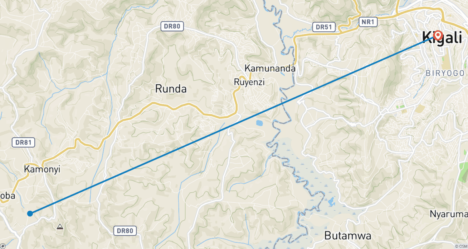 Mapa do percurso de Safári de Trekking de Gorilas em Ruanda de 3 Dias.
