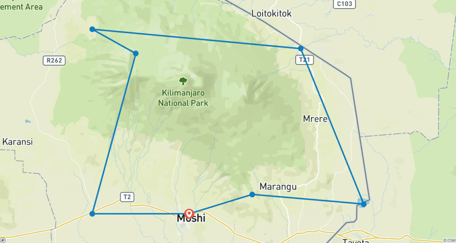 Mapa do percurso de Passeio de Bicicleta 360° no Kilimanjaro - Tour de Kilimanjaro