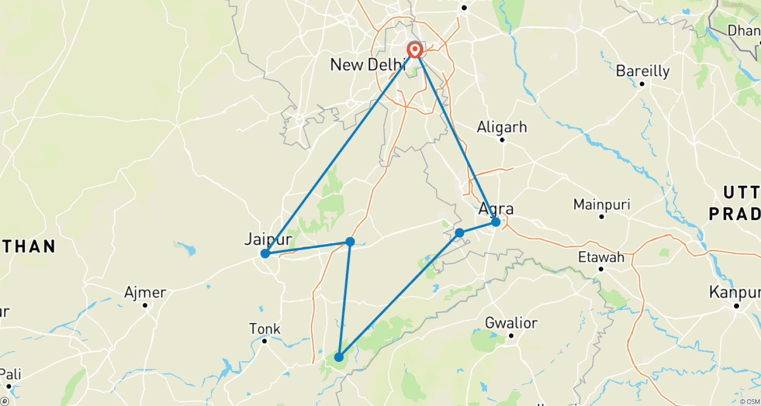 Mapa do percurso de Excursão de 7 Dias ao Triângulo Dourado com Tigres de Ranthambore e Nascer/Pôr do Sol no Taj Mahal