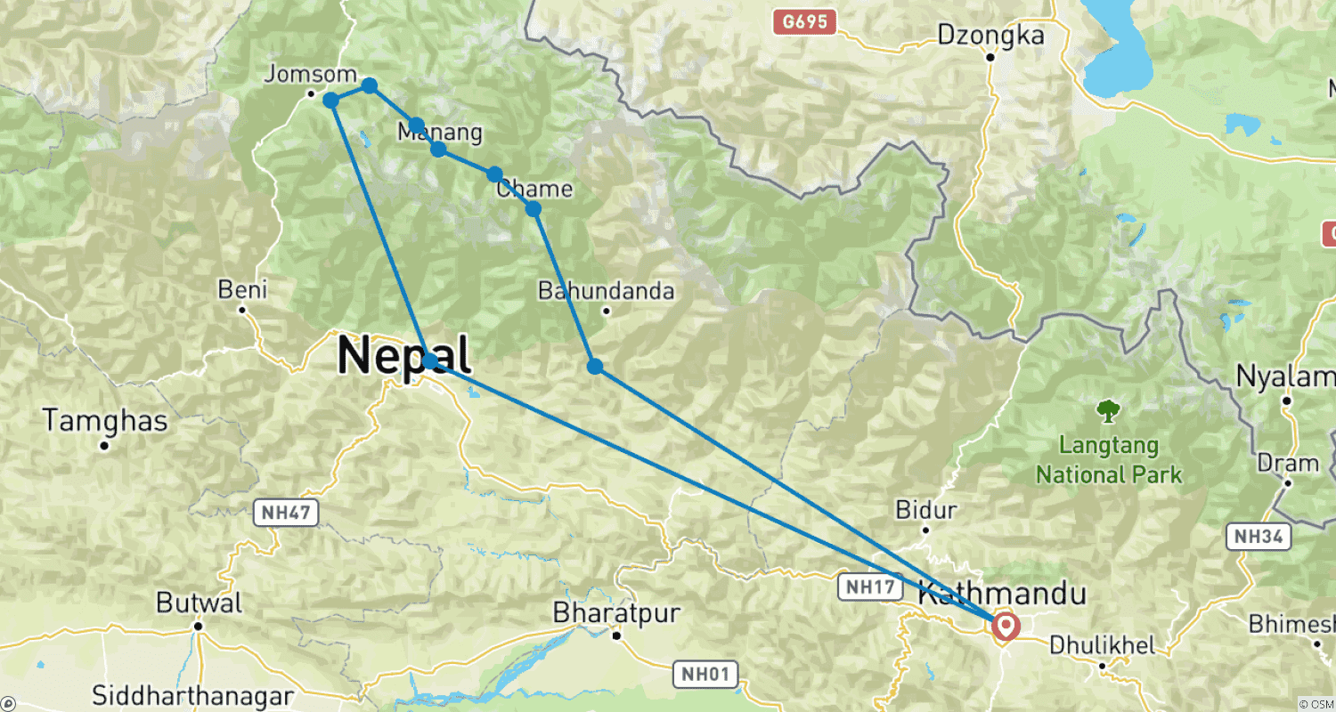 Annapurna Circuit Trek -10 Daysのルートマップ