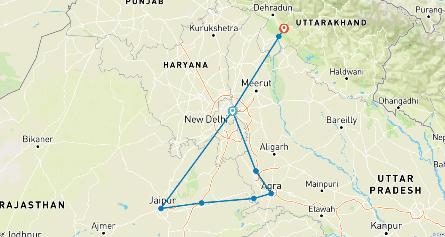 Golden Triangle Tour with Yoga capital Rishikeshのルートマップ