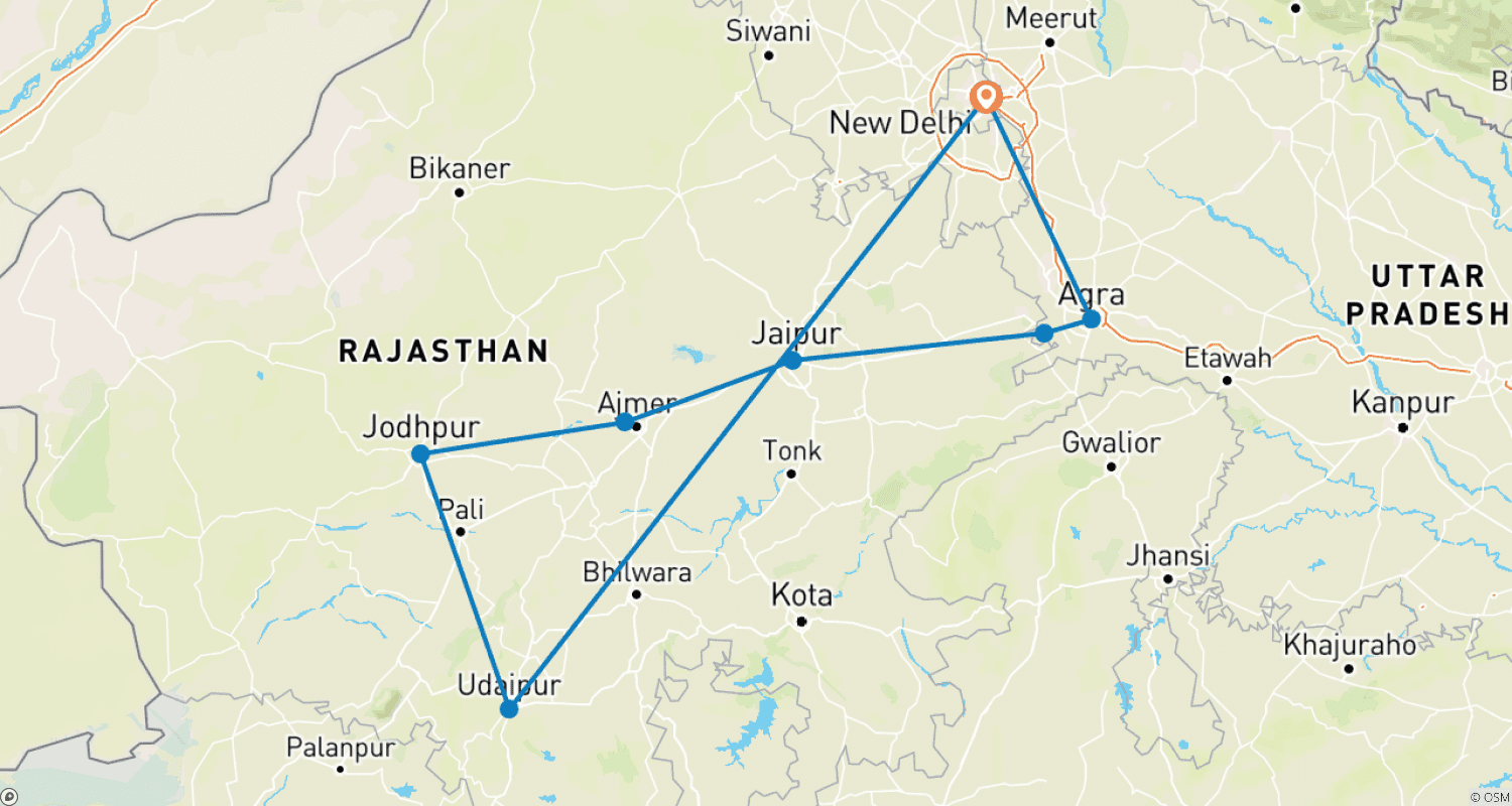 Mapa do percurso de Golden Triangle With Rajasthan Tour 9 Days