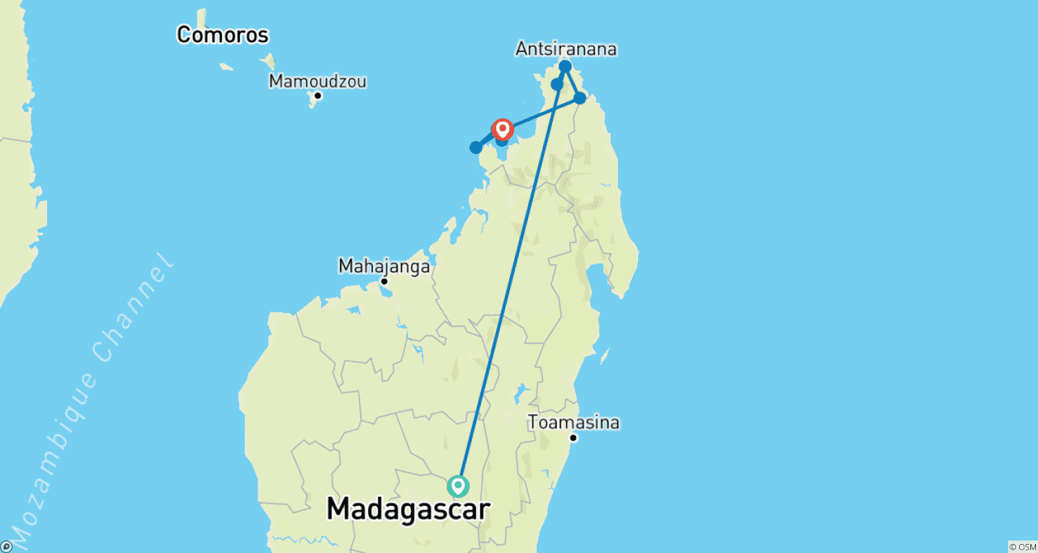 Mapa do percurso de O principal destino de Madagáscar: Nosy Be, o Mar Esmeralda e os Parques Nacionais do norte