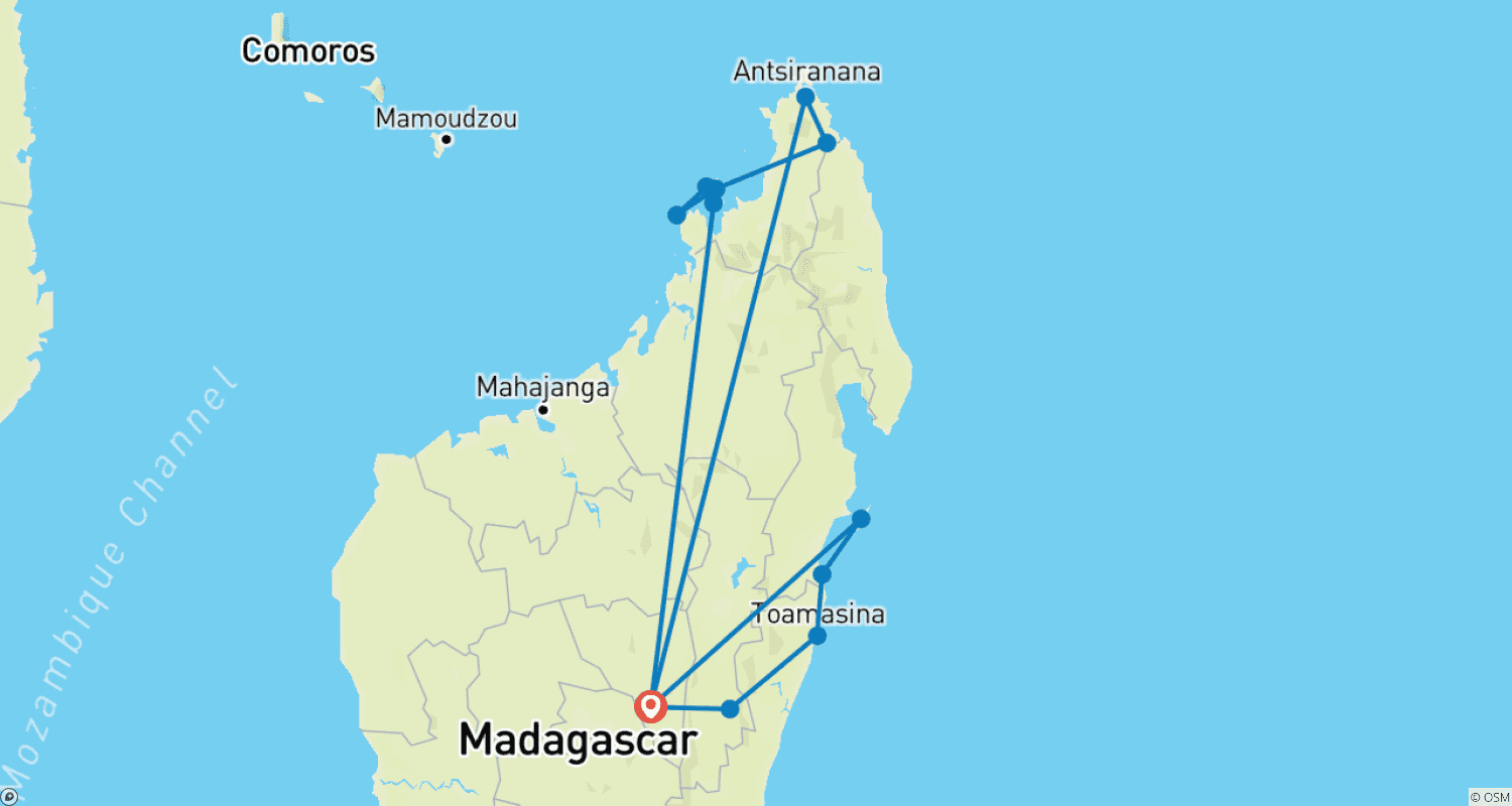 Mapa do percurso de Tour privado nas ilhas paradisíacas: Nosy Be e Sainte Marie