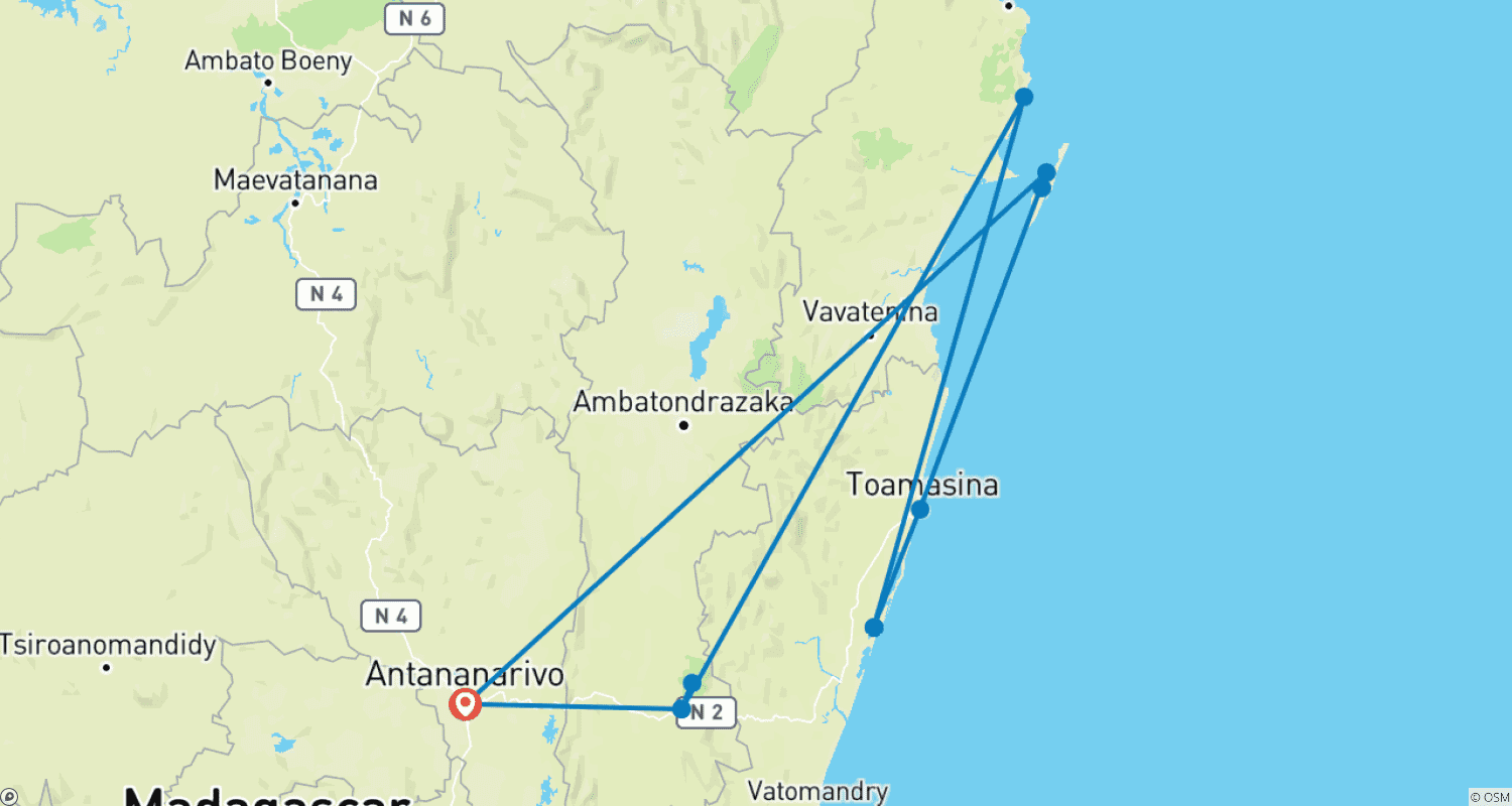 Mapa do percurso de Parte oriental de Madagáscar: O reino da biodiversidade