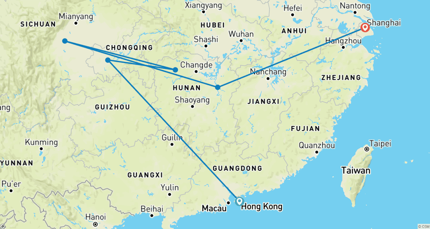 Mapa trasy: Najważniejsze atrakcje Południowych Chin: z Hongkongu do Szanghaju