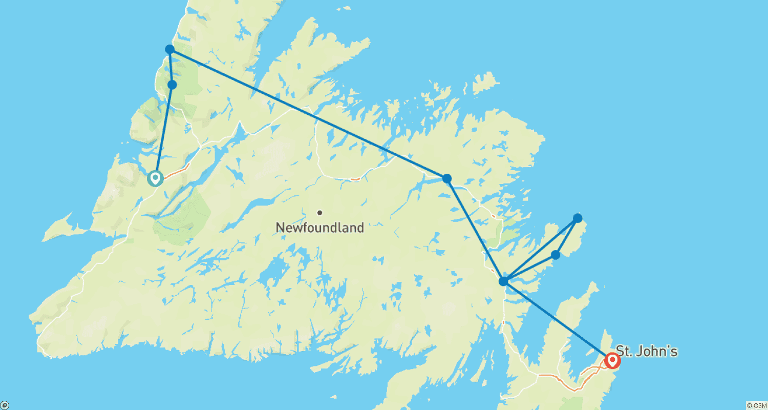 Mapa do percurso de Explorador de Newfoundland a partir de Corner Brook