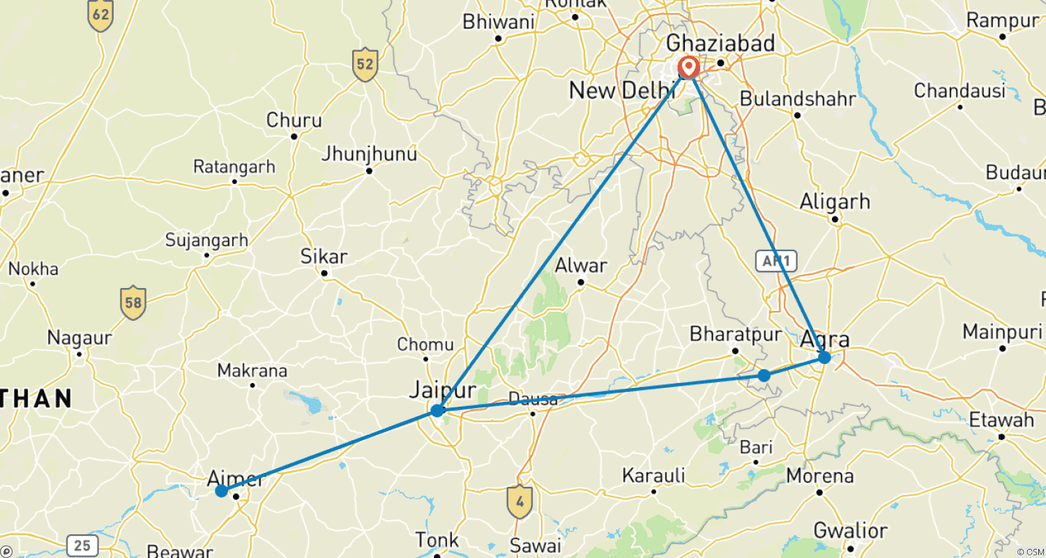 Mapa trasy: Wycieczka po Złotym Trójkącie z Pushkar – Taj Mahal o wschodzie/zachodzie słońca, 6 dni