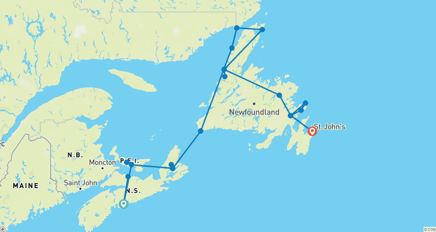 Mapa do percurso de Ilhas Encantadoras e Circuito pela Terra Nova