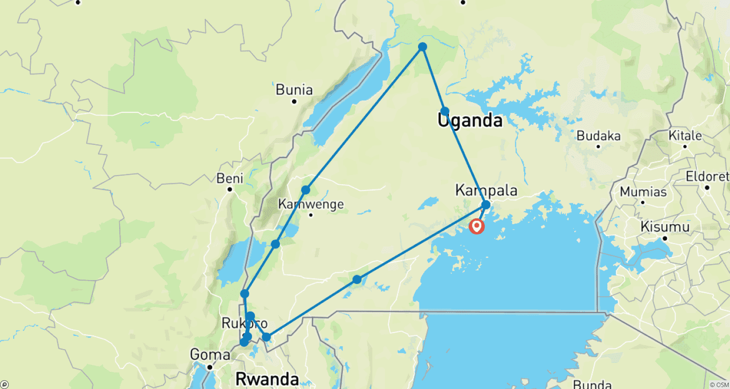 Mapa do percurso de 11 Dias: Trekking com Chimpanzés, Rastreamento de Gorilas e Safári de Vida Selvagem