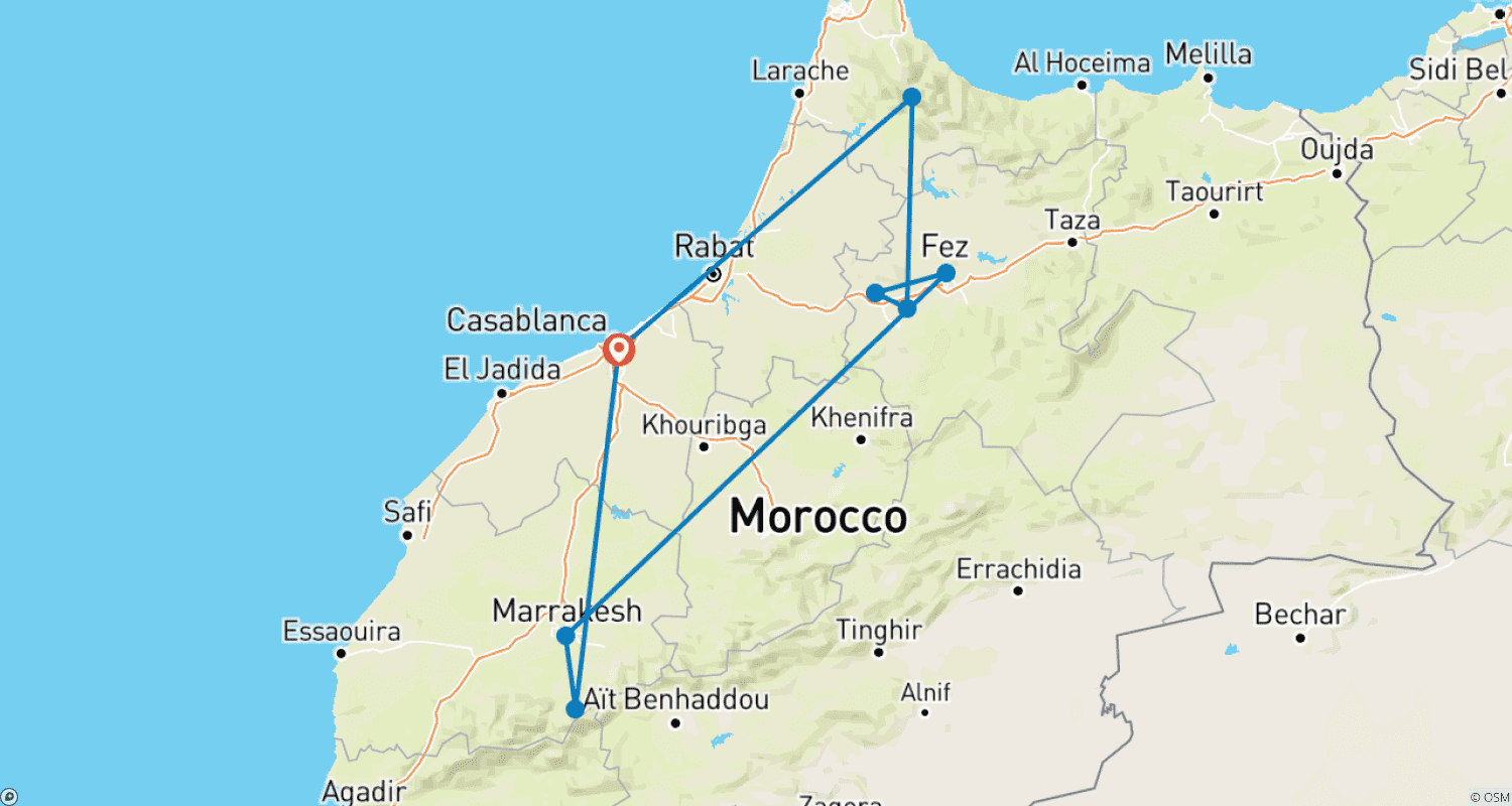 Mapa do percurso de Casablanca, Chefchaouen, Volubilis, Meknes, Fez, Marraquexe, Montanhas do Alto Atlas 10 Dias