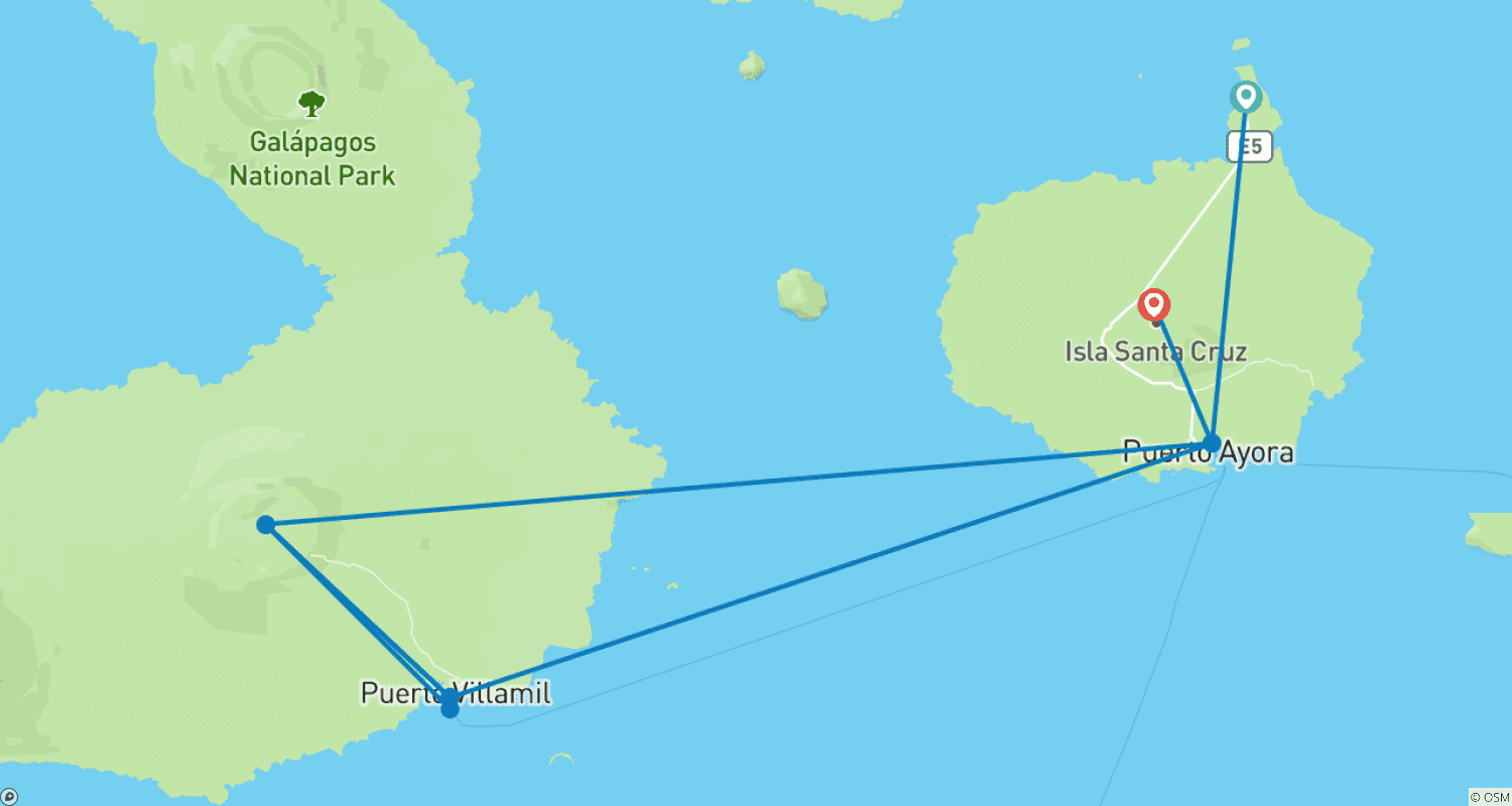 Mapa do percurso de Passeio Terrestre de 6 Dias em Galápagos e Programa Cabo Rosa - Los Tuneles