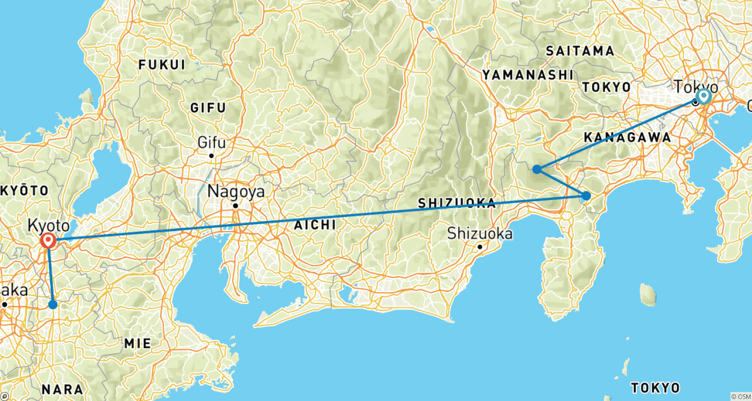 Mapa do percurso de Japan Express
