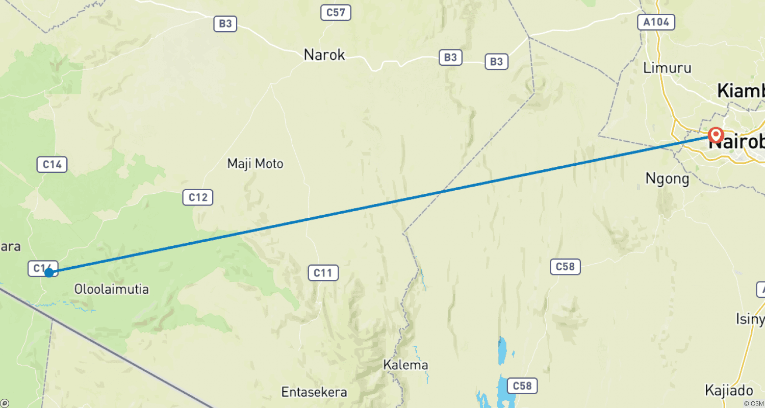Mapa do percurso de Safári da Migração de Gnus