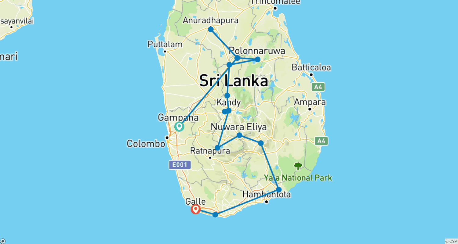 Mapa do percurso de Passeios turísticos no Sri Lanka: 13 Dias, 12 noites com motorista particular, veículo e acomodações em regime de meia pensão