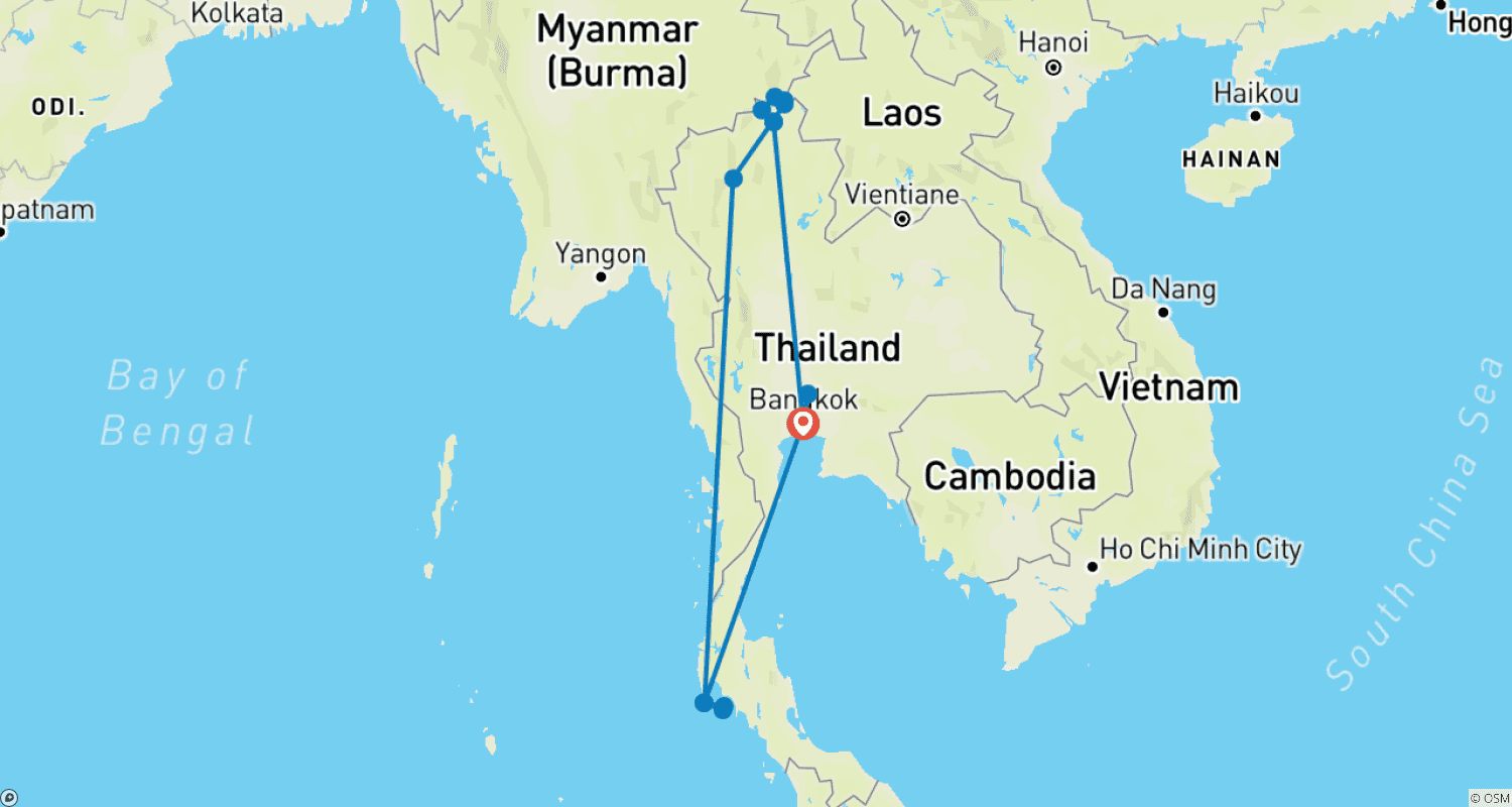 Mapa do percurso de Excursão Familiar Personalizada de 10 Dias na Tailândia com Phuket, Partidas Diárias e Guia Privado
