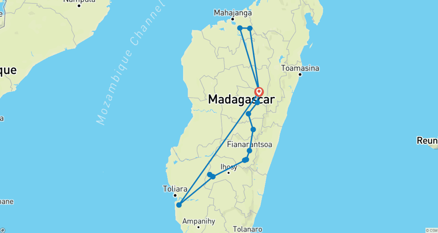 Mapa do percurso de Passeios Combinados em Madagascar em 14 dias (Parte Sul e Noroeste)