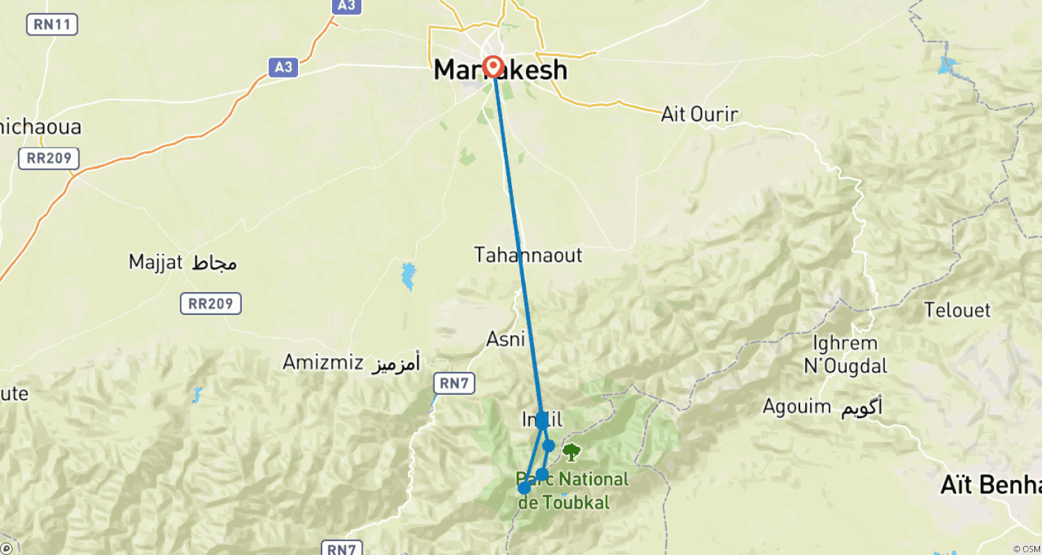 モロッコでのトレッキング：Jebel Toubkal 冬季登山 - 8日間のルートマップ