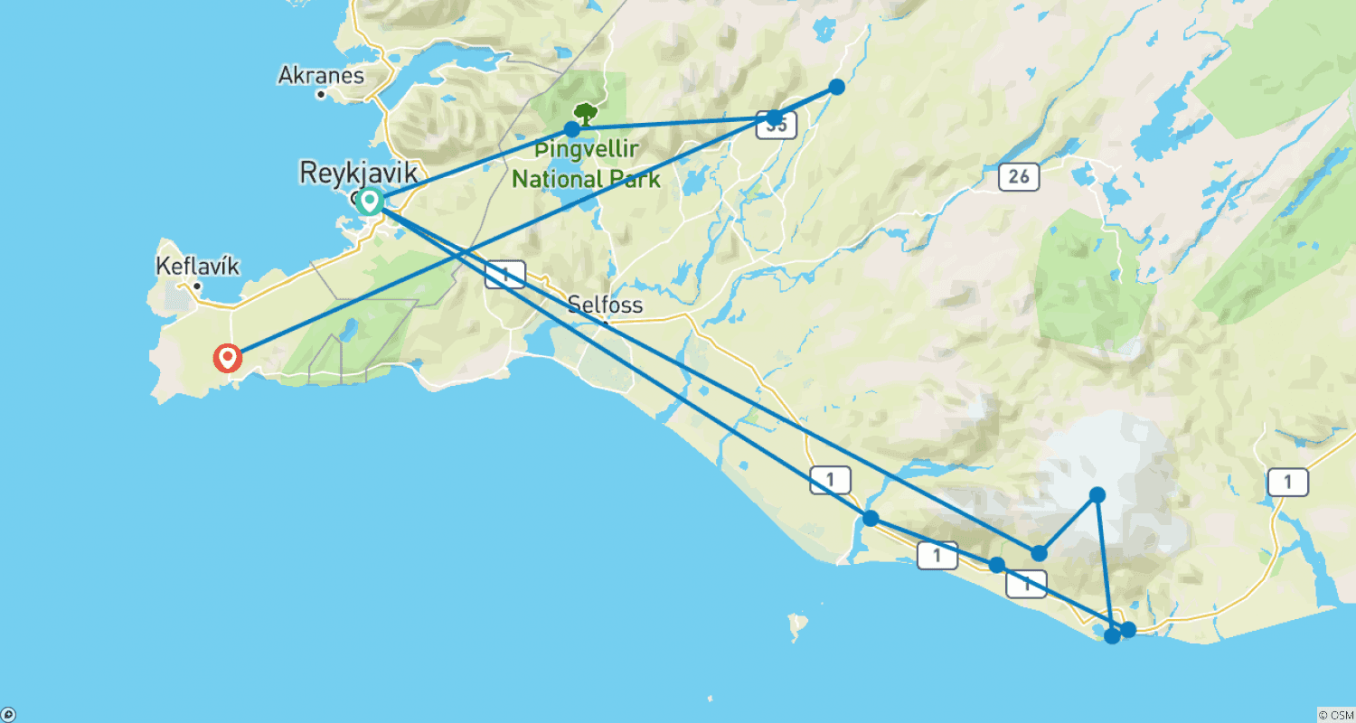 Mapa do percurso de Férias de Inverno na Islândia Incluindo Blue Lagoon