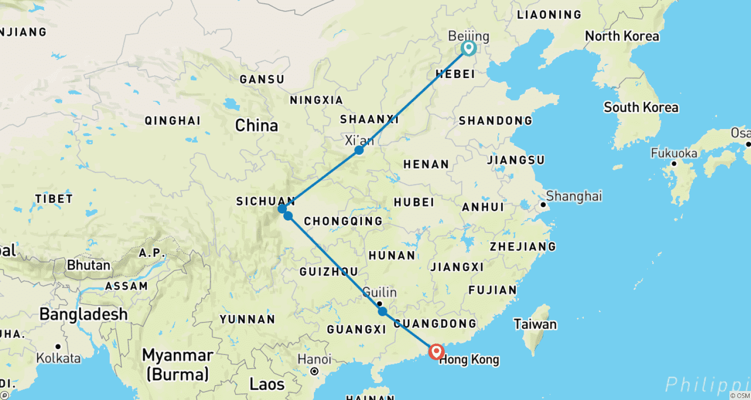 北京から香港へ!中国大冒険のルートマップ