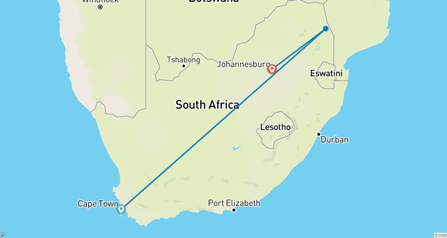 Mapa do percurso de 8 Noites Cidade do Cabo, Kruger e Jo'burg