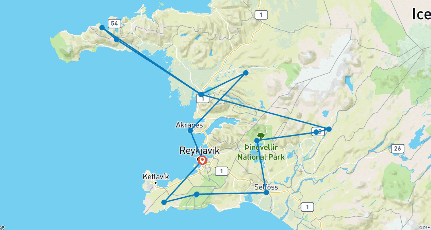 Mapa trasy: Najważniejsze atrakcje Islandii