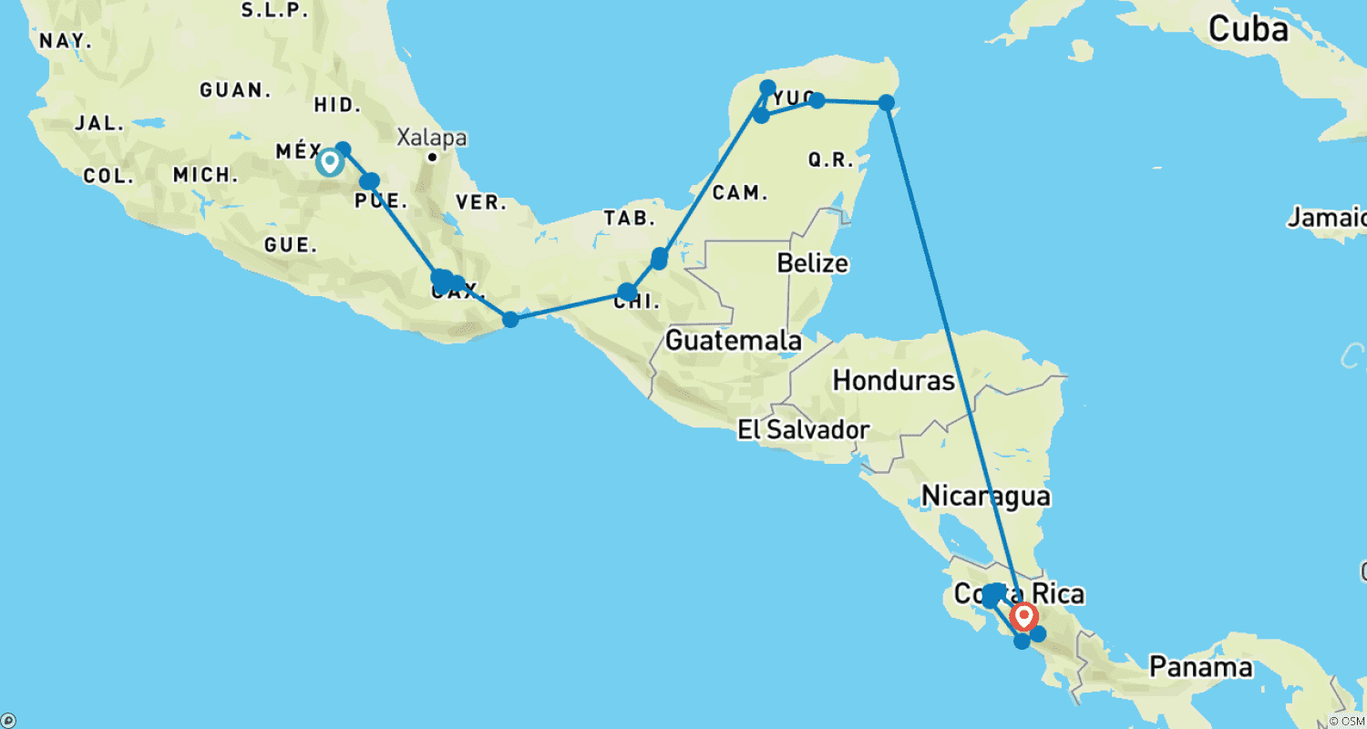メキシコとコスタリカのハイライトのルートマップ