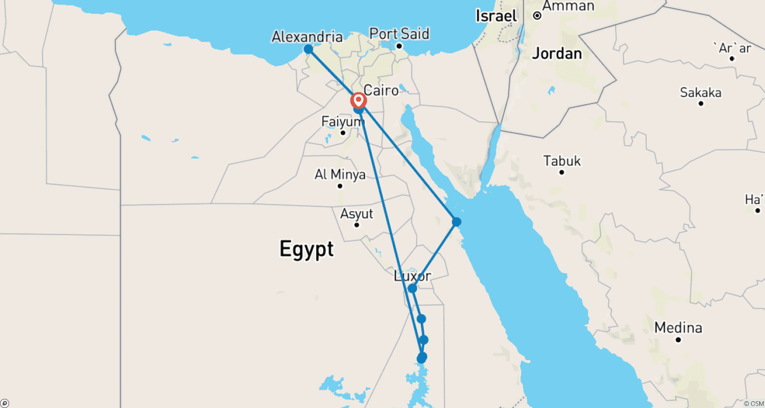 Mapa do percurso de 15 Dias Cairo, Alexandria, Cruzeiro no Nilo, Assuão e Hurghada (Visita ao Museu GEM)