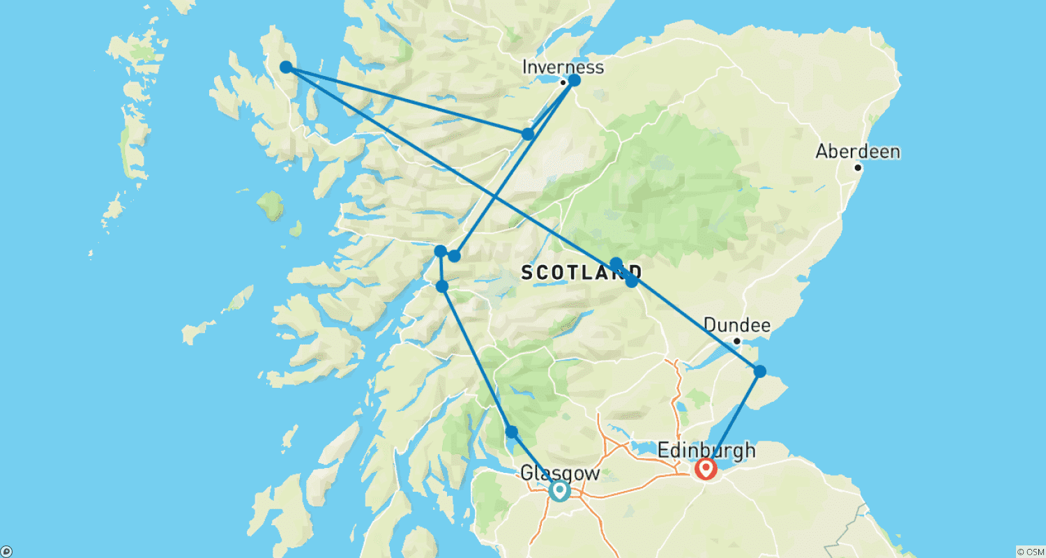 Mapa do percurso de Escócia Majestosa