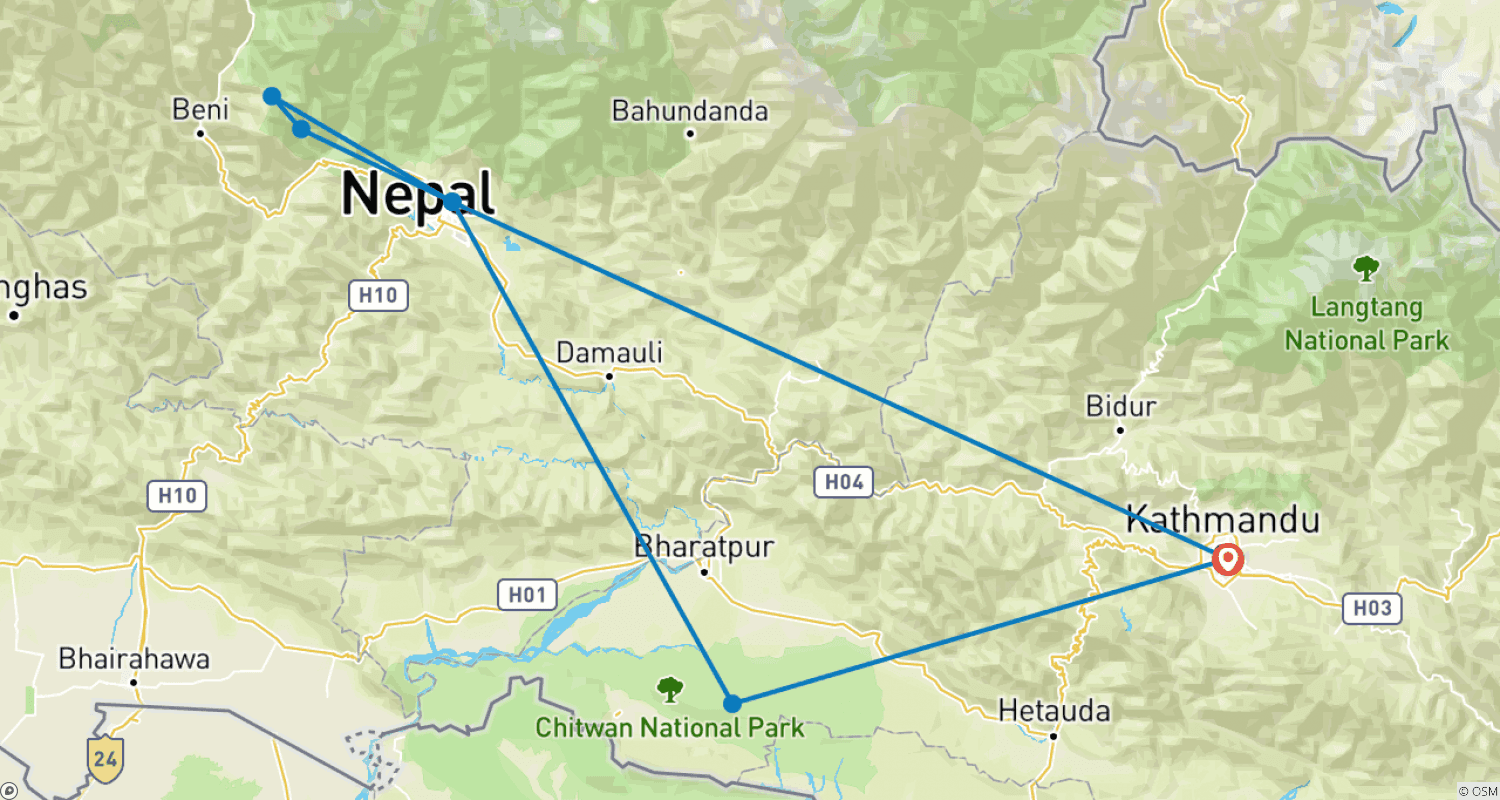Mapa do percurso de Férias de Lua de Mel no Nepal 2026/2027